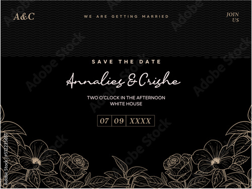 Wedding invitation card template with beautiful leaves vector