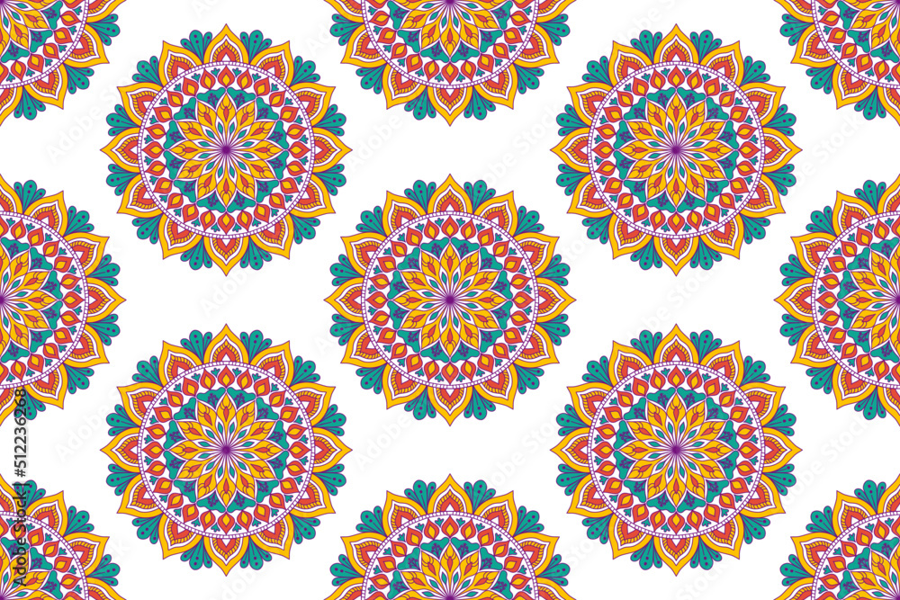 Abstract geometric ethnic mandala seamless pattern design. Aztec fabric carpet mandala ornaments textile decorations wallpaper. Tribal boho native mandalas turkey traditional embroidery vector 