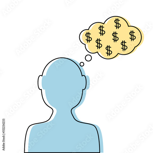 Fototapeta Naklejka Na Ścianę i Meble -  head of a man with thoughts about money. dollar earning concept. vector illustration isolated