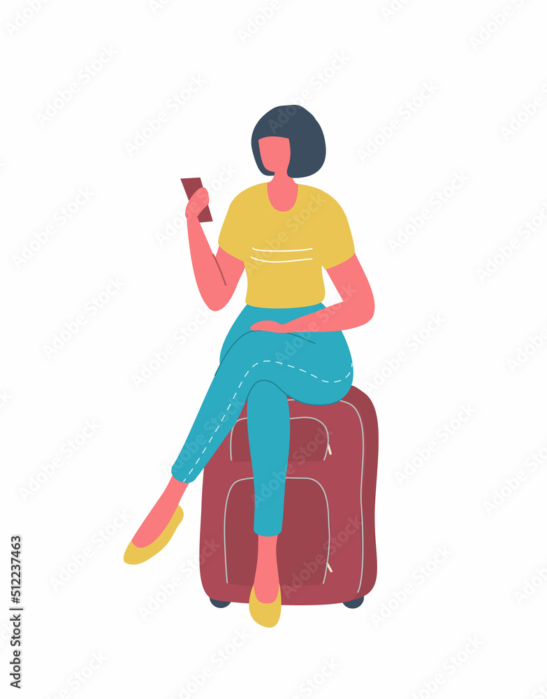 Young woman in a yellow T-shirt and blue jeans sits on a red suitcase and looks at the phone. Travel concept. Vector illustration