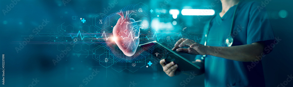 Leinwandbild Motiv - ipopba : Cardiologist doctor examine heart functions and check up report electronic medical record of patient on tablet. Digital healthcare and network connection on interface, Science. Medical technology.