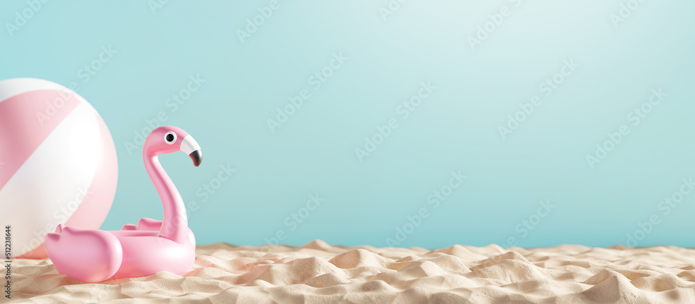 Fototapeta premium Tropical summer concept design of inflatable flamingo on the sand beach with copy space 3D render