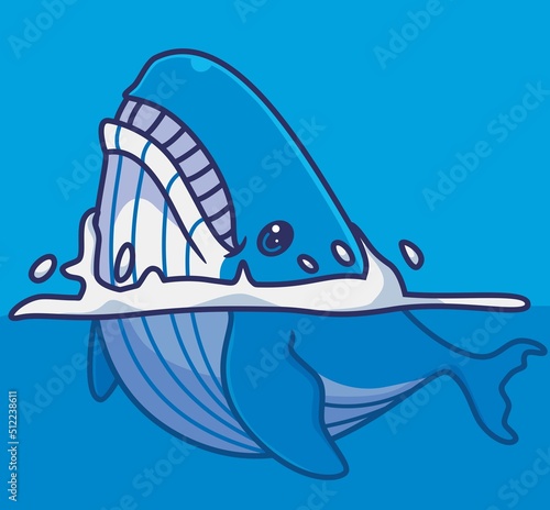 cute blue whale open mouth eat. isolated cartoon animal illustration. Flat Style Sticker Icon Design Premium Logo vector. Mascot Character