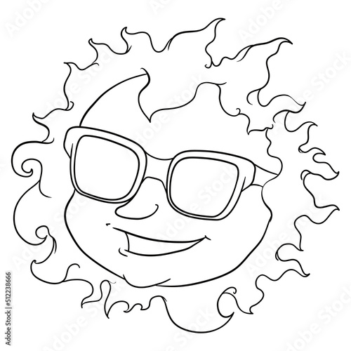 Cool sun wearing glasses with smiling gesture in outlines, Vector illustration
