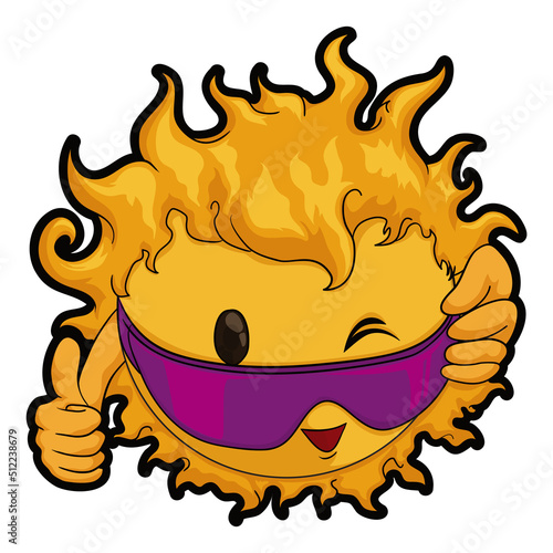 Fiery sun winking you, with cool glasses and thumb up, Vector illustration
