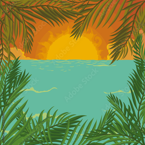 Beautiful sunset scene at the beach with palms, Vector illustration