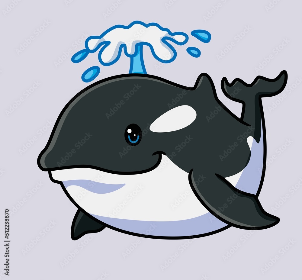 Naklejka premium cute killer whale spray the water. isolated cartoon animal illustration. Flat Style Sticker Icon Design Premium Logo vector. Mascot Character