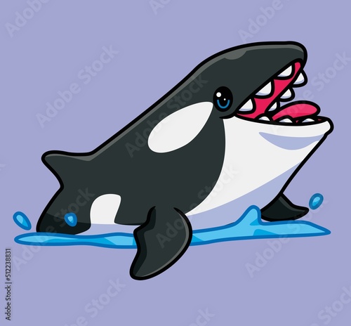 cute killer whale surface open his mouth. isolated cartoon animal illustration. Flat Style Sticker Icon Design Premium Logo vector. Mascot Character