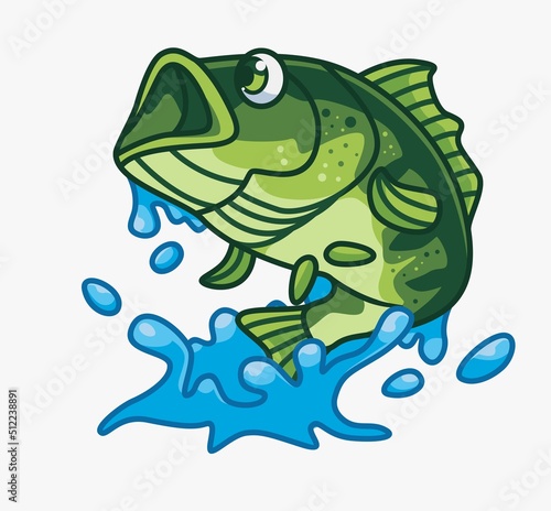 cute bass fish jumping splash water. isolated cartoon animal illustration. Flat Style Sticker Icon Design Premium Logo vector. Mascot Character