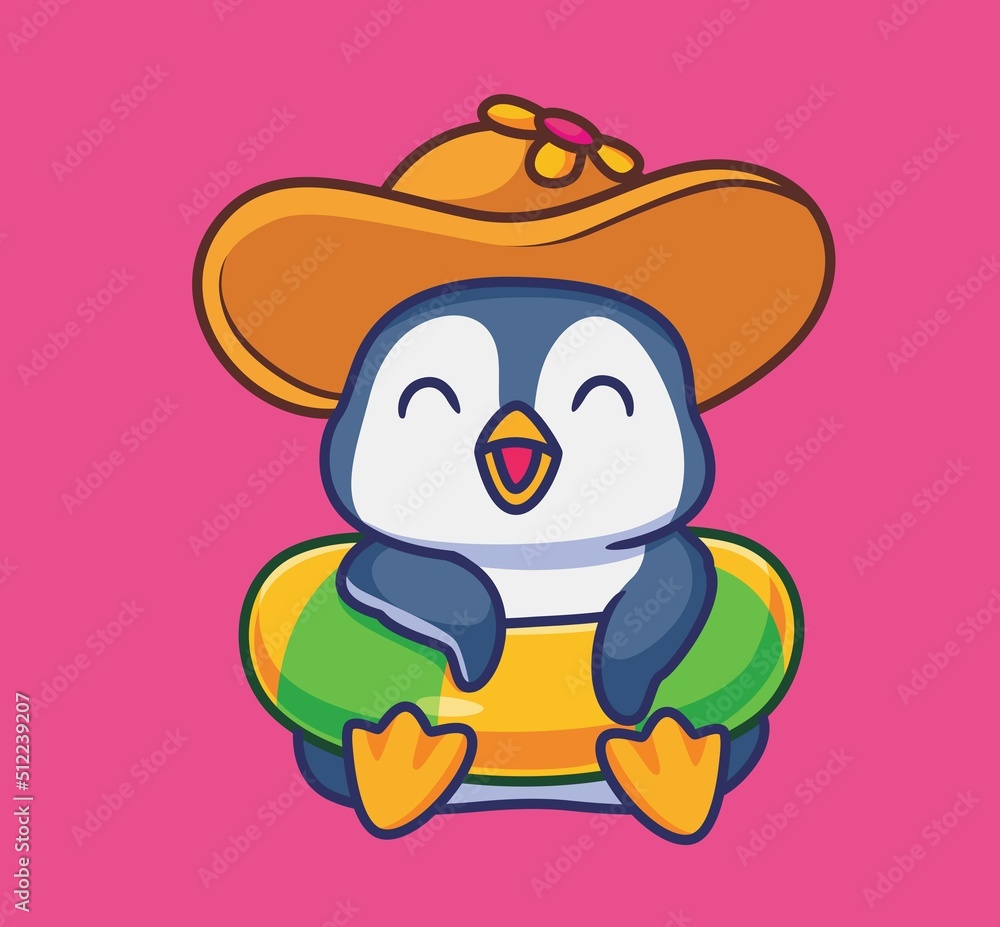 Naklejka premium cute penguin holiday vacation with lifebuoy hat for summer. isolated cartoon animal illustration. Flat Style Sticker Icon Design Premium Logo vector. Mascot Character