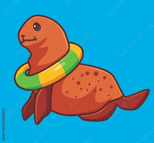 cute seal circus using lifebuoy ring. isolated cartoon animal illustration. Flat Style Sticker Icon Design Premium Logo vector. Mascot Character