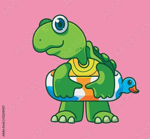cute young turtle summer wearing lifebuoy. isolated cartoon animal illustration vector