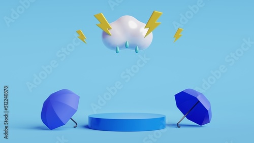 Monsoon season offer and sale banner. Cylinder podium, umbrella,cloud and thunder.3D render illustration.