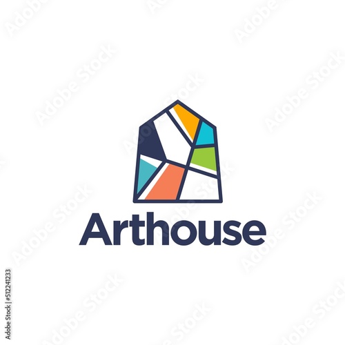 art gallery house logo. Art museum or artist school concept logo with abstract geometric shape house in multicolor design. colorful house artwork logo icon.