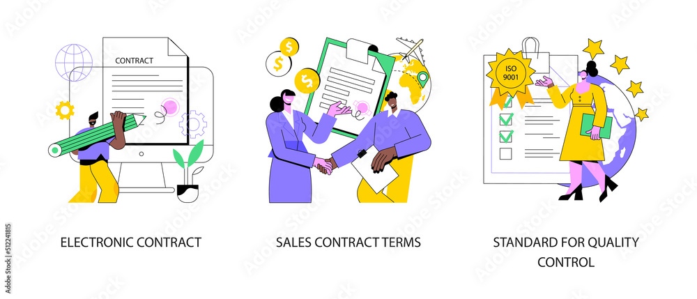 Business agreement abstract concept vector illustration set. Electronic contract, sales contract terms, standard for quality control, payment terms and conditions, certification abstract metaphor. Business agreement abstract concept vector illustration set. Electronic contract, sales contract terms, standard for quality control, payment terms and conditions, certification abstract metaphor.
