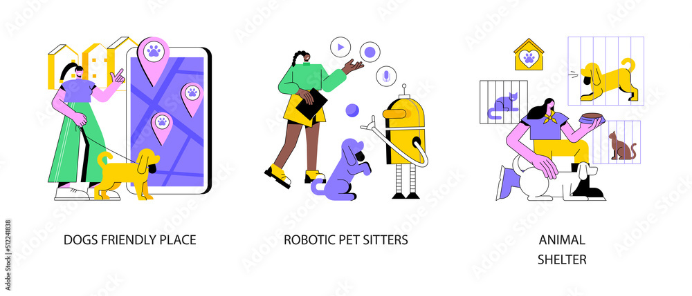 Animal care abstract concept vector illustration set. Dogs friendly place, robotic pet sitters, animal shelter, dogs free walking, pet adoption volunteer, interactive entertainment abstract metaphor.