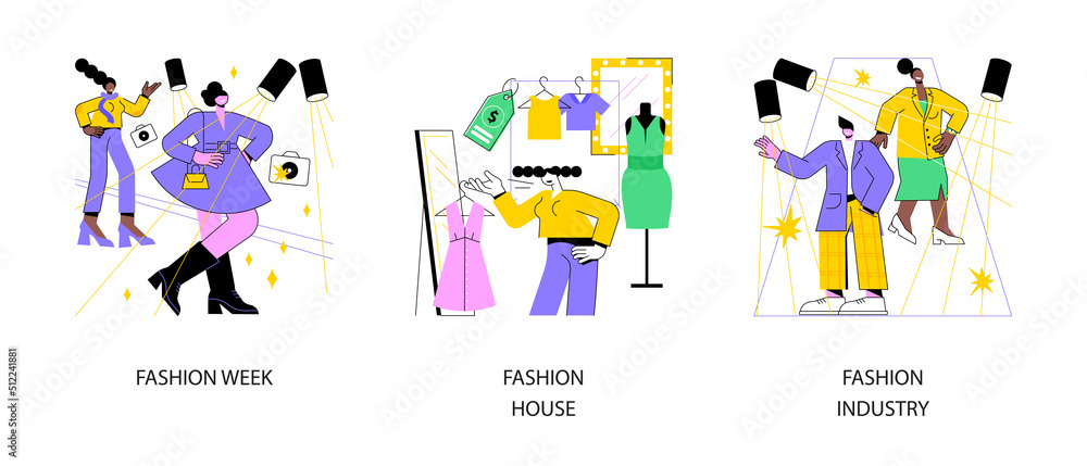 Fashion collection abstract concept vector illustration set. Fashion week, couturier house, apparel industry, clothing market, brand designer, runaway show, luxury accessories abstract metaphor.