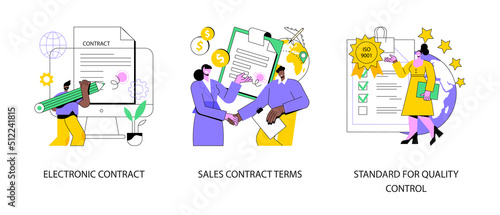 Business agreement abstract concept vector illustration set. Electronic contract, sales contract terms, standard for quality control, payment terms and conditions, certification abstract metaphor.