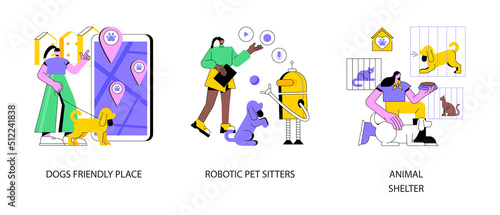 Animal care abstract concept vector illustration set. Dogs friendly place, robotic pet sitters, animal shelter, dogs free walking, pet adoption volunteer, interactive entertainment abstract metaphor.