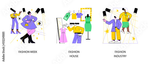 Fashion collection abstract concept vector illustration set. Fashion week, couturier house, apparel industry, clothing market, brand designer, runaway show, luxury accessories abstract metaphor.