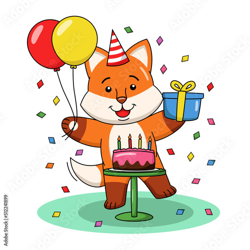 Cartoon illustration of a cute fox celebrating a birthday