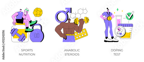 Sport drugs abstract concept vector illustration set. Sports nutrition, anabolic steroids, doping test, protein cocktail, muscle mass, athletic performance, laboratory analysis abstract metaphor.