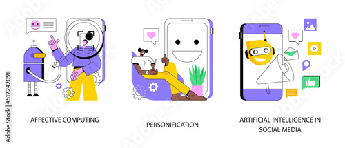 Interactive device abstract concept vector illustration set. Affective computing, personification design, artificial intelligence in social media, speech and gesture recognition abstract metaphor.