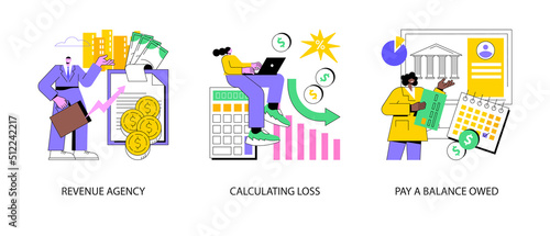 Accountancy service abstract concept vector illustration set. Revenue agency, calculating loss, pay a balance owed, payroll account, tax law, calculate expenses, taxpayer bill abstract metaphor.