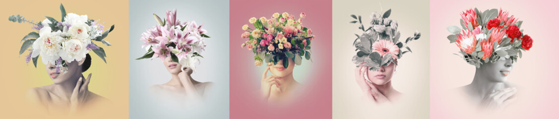 Collage of beautiful women and bouquet of flowers on light background