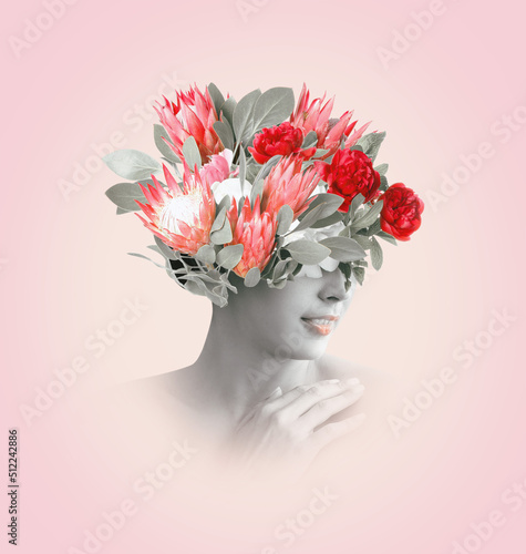Collage of beautiful woman and bouquet of flowers on pink background © Pixel-Shot