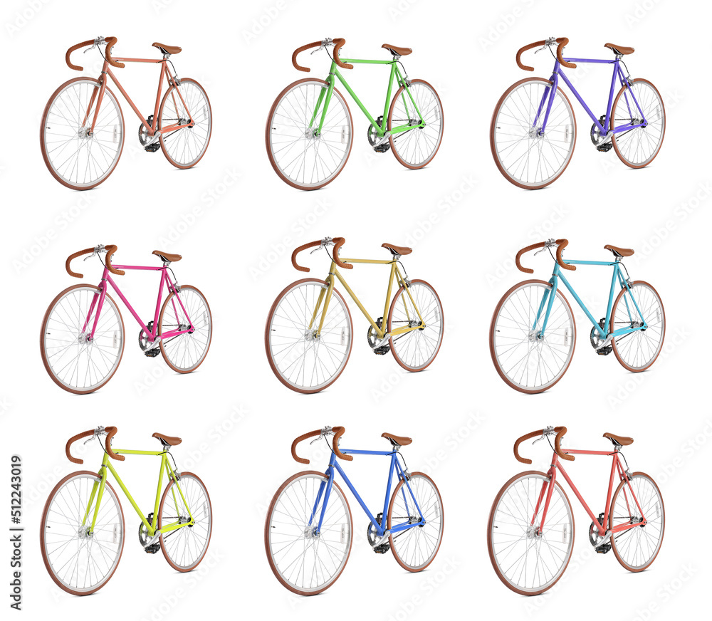 Set of modern bicycles isolated on white Set of modern bicycles isolated on white