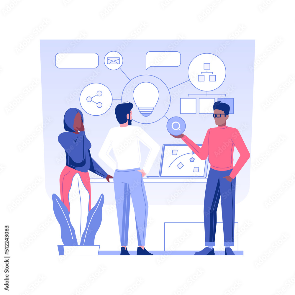 Brainstorming with creative team isolated concept vector illustration. Group of diverse colleagues generates campaign idea, teamwork idea, digital marketing, advertising agency vector concept.