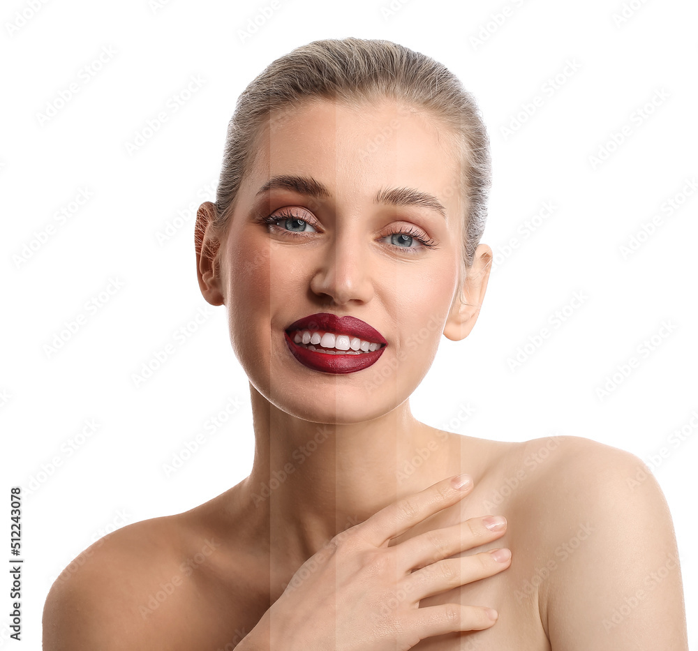 Portrait of pretty young woman with different tones of skin on white background Portrait of pretty young woman with different tones of skin on white background