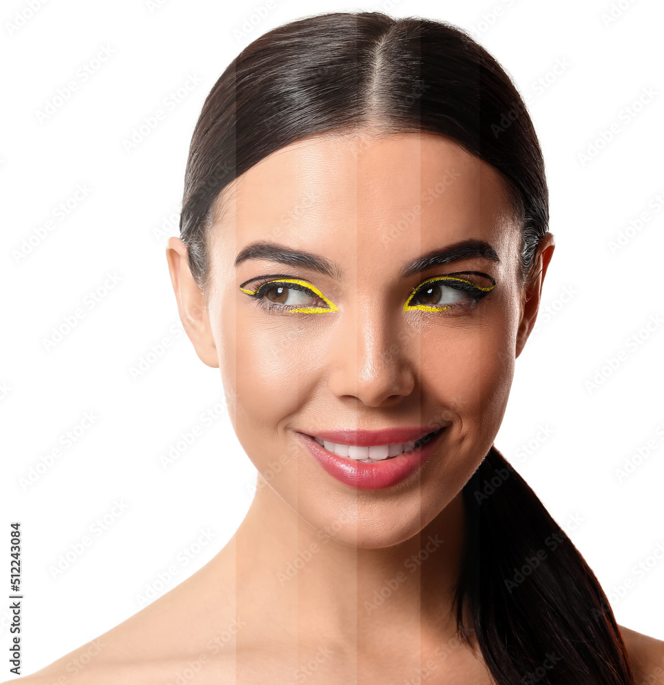 Obraz premium Portrait of beautiful young woman with different tones of skin on white background