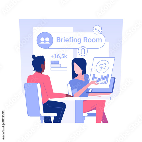 Briefing with a client isolated concept vector illustration. Advertising agency worker talking with client, discussing business promotion strategy, digital marketing vector concept.