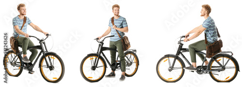 Set of young man with bicyc...