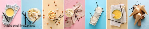 Photographie Set of delicious vanilla desserts on color background, top view