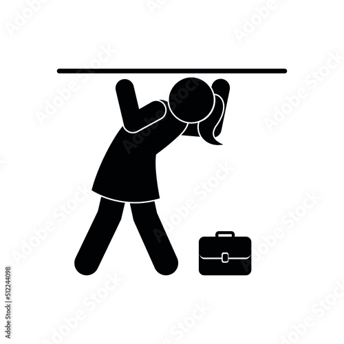 Career barrier for women. The glass ceiling prevents the girl from realizing her professional ambitions. Stick figure isolated vector icon.