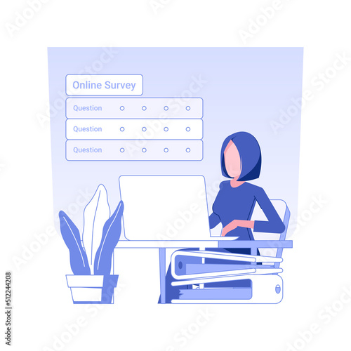 Online survey isolated concept vector illustration. Woman creating online questionnaire using laptop, business strategy, launching product process, market research and survey vector concept.