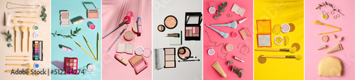 Photo Collection of decorative cosmetics and makeup brushes on color background, top v