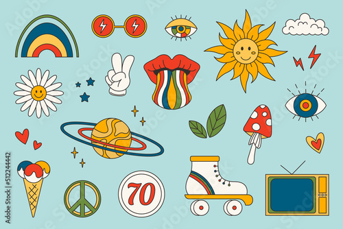 Retro 1960-1969 groovy set. Psychedelic groovy collection - chamomile, rainbow, mushroom, roller, and other. Hippie vector stickers set.