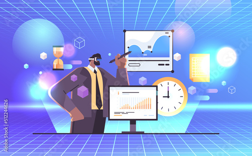 businessman in digital VR glasses analyzing statistics data exploring virtual reality vision headset innovation metaverse