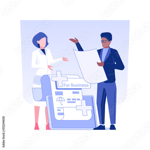 Health insurance for business owners isolated concept vector illustration. Businessman writing agreement about medical insurance, health protection, meeting with doctor vector concept.