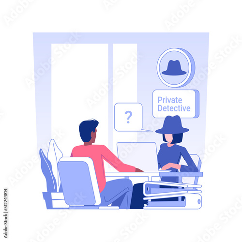 Private detective investigation isolated concept vector illustration. Woman interviewing people as a private detective, business people, legal service, meeting with customer vector concept.