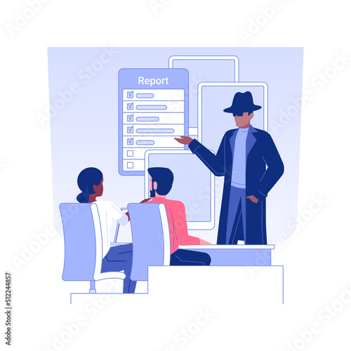 Private detective report isolated concept vector illustration. Professional private detective giving a report to a client, business people, legal service, adultery idea vector concept.