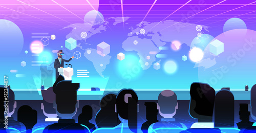 businessman wearing digital glasses giving speech at tribune during virtual meeting vr vision headset innovation