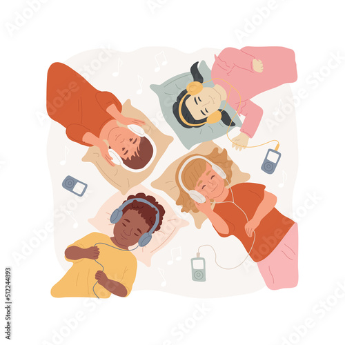 Listening to calming music isolated cartoon vector illustration. Calming activity for children with autism, relaxation session, audio therapy, inclusive kindergarten, child care vector cartoon.
