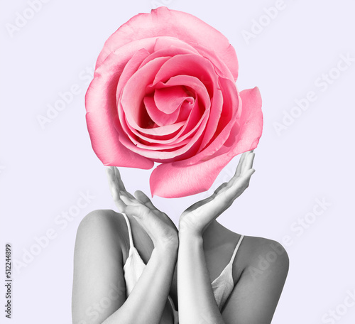 Woman with pink rose flower instead of her head on light background photo