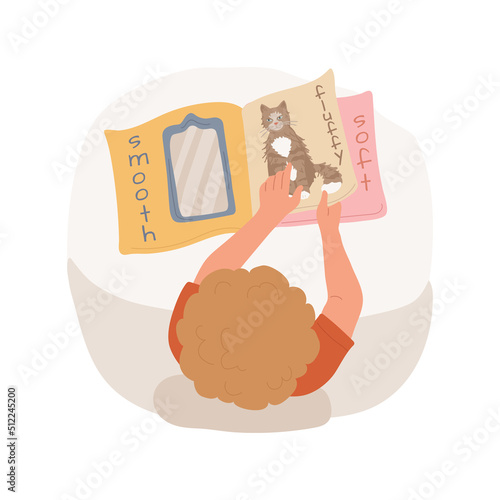 Tactile picture book isolated cartoon vector illustration. Kid flips pages, touching sensory picture, book for autism children, fine motor skills development, daycare center vector cartoon.