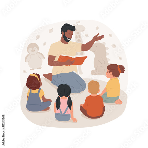 Listening to an adult isolated cartoon vector illustration. Children sit in a circle, kids group listen to teacher, early education, autism child care center, behavior therapy vector cartoon.